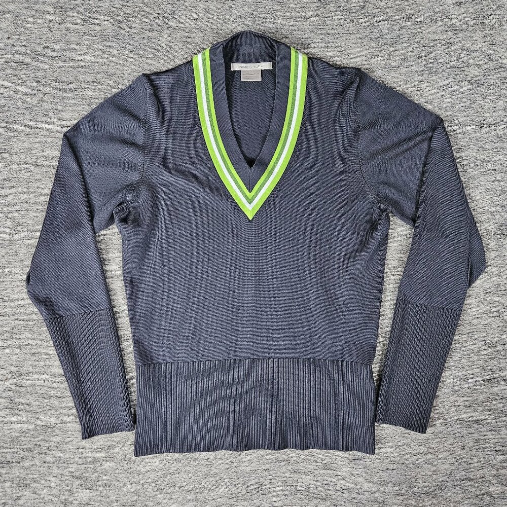VTG Nike Golf Women's M V-Neck Cricket Golf Sweater Jumper Gray Green 277640-068